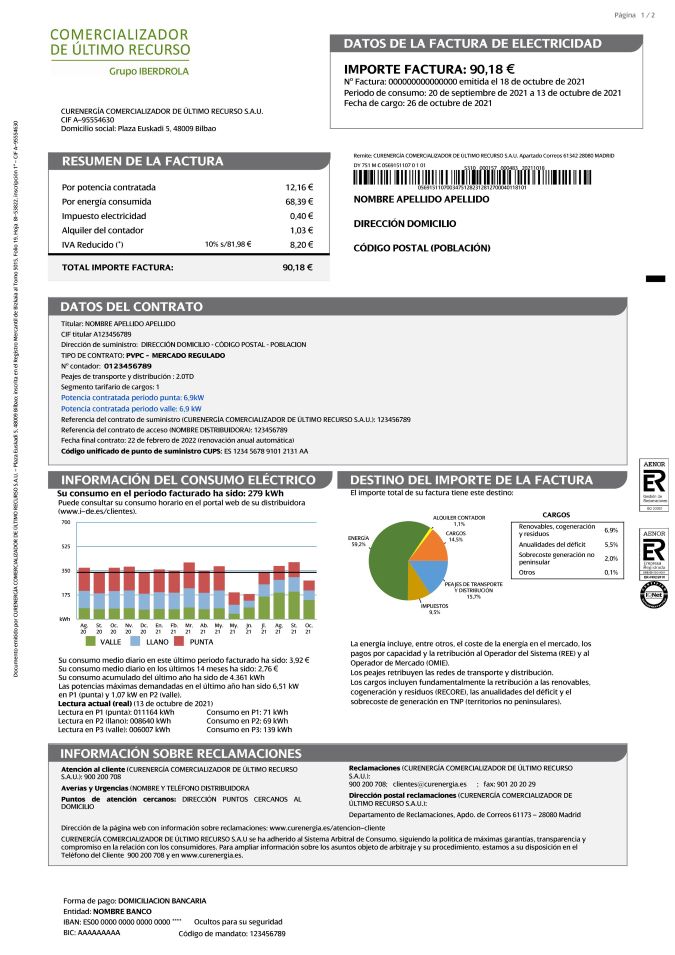Anverso de factura de Curenergía comercializador de referencia